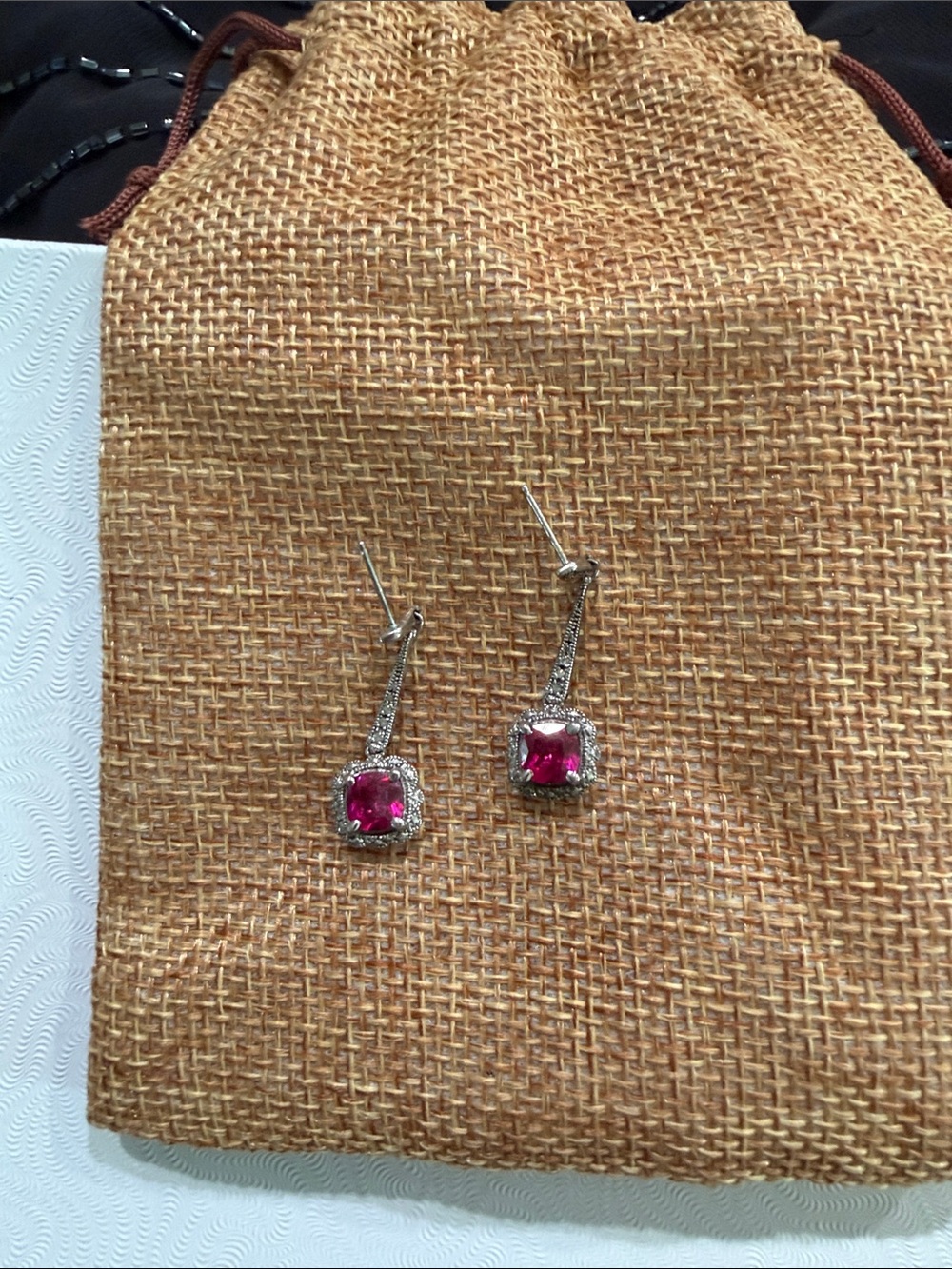 Dainty Silver Drop Earrings with Pink Cushion Stones